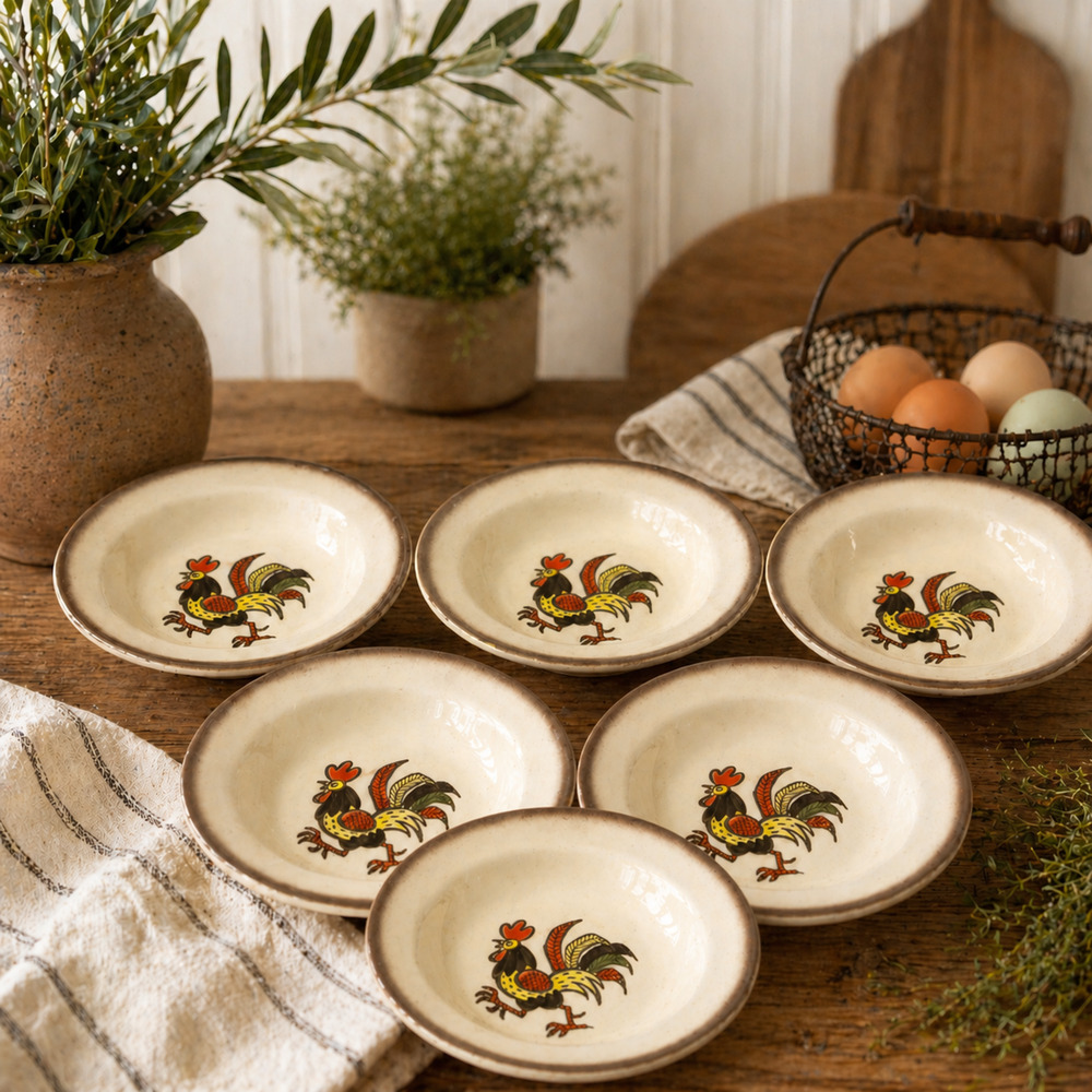 Vtg Lot 6 Metlox Poppytrail Red Rooster Soup Bowls Farmhouse MCM Cereal Fruit